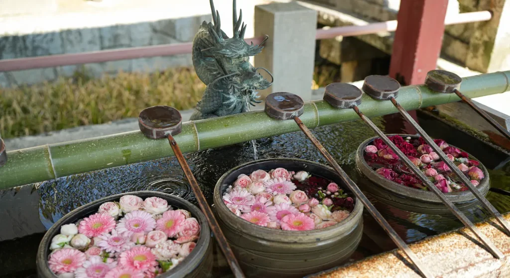 津島神社の花が綺麗な手水舎